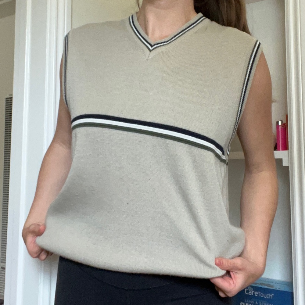 SOLD ON DEPOP- Oversized beige sweater vest with simple stripe
